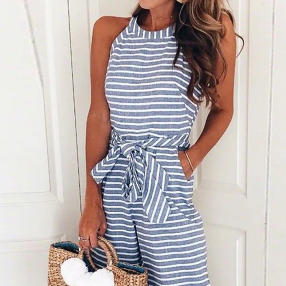 Striped waist belted wide legged romper